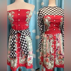 Strapless floral print mini dress includes sheer checkerboard top.